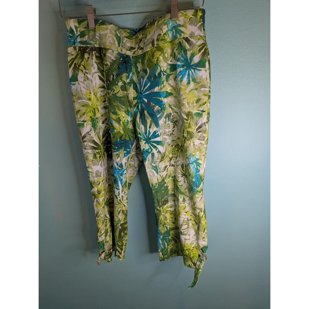 Counterparts Womens 10P Tropical‎ Print Capri Pants Green Blue Knot Hem